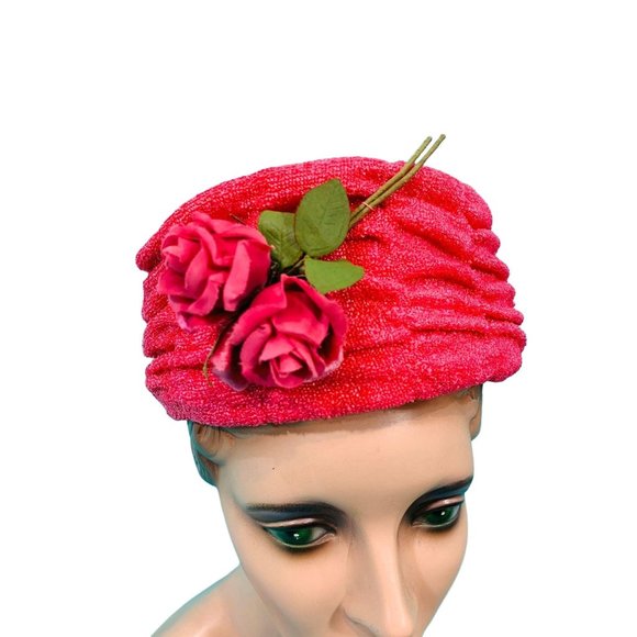 Vintage 1960s Pillbox Hat Hotpink Floral Round Hat main image 7